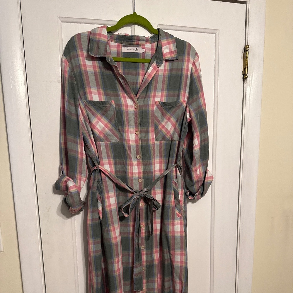 Green/Pink Plaid Shirt Dress